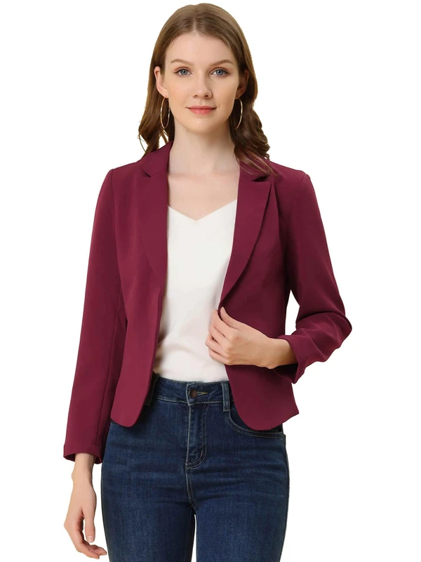 Allegra K Women's Notched Collar Open Blazer Casual Jacket Office Jacket, Solid Burgundy, XL