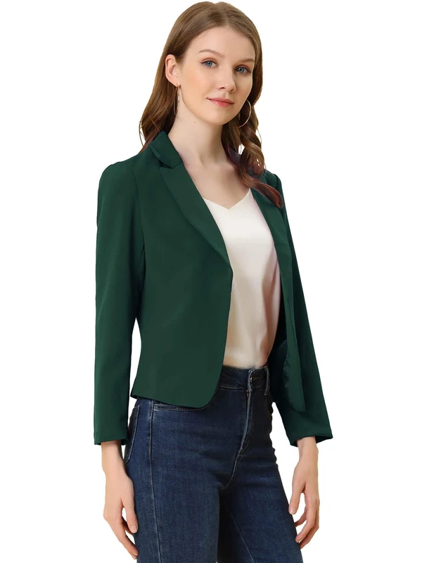 Allegra K Women's Open Front Office Work Business Casual Lightweight Summer Crop Suit Blazer, Green-Solid, M