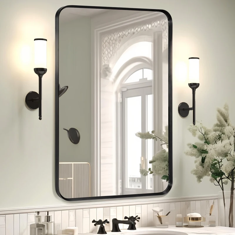 Minuover Wall Mount Mirror for Bathroom, 24" x 36" Inch Brush Black Metal Framed Rounded Corner Rectangular Vanity Mirror