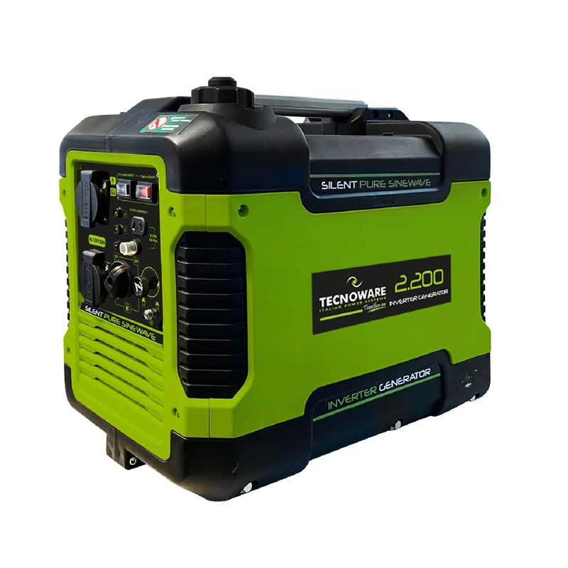 Tecnoware - Silent Inverter Generator, 2200VA Peak Power, Eco Speed Control, OHV Petrol Engine, Portable & Compact, Sinewave Output Voltage, 10 Hours at 50% Load, Green, 2200 VA
