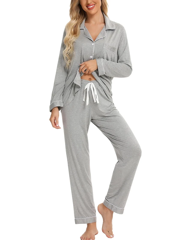 Leikar Button Up Pajama Set For Women Long Sleeve Shirt And Pajama Pants Soft Pjs Lounge Sets, Gray, L - Image 1