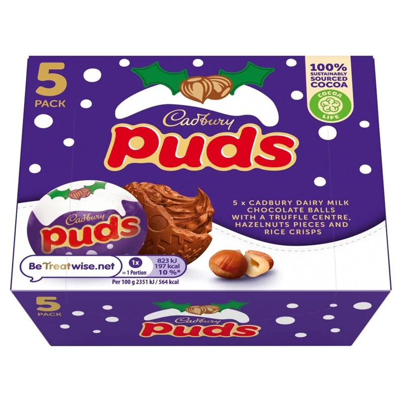 Cadbury Christmas Dairy Milk Puds Multipack, Chocolate Puds with Truffle Centre, Hazelnut Pieces and Rice Crisps, Christmas Treat for Gifting or Sharing, 35 g (Pack of 5)