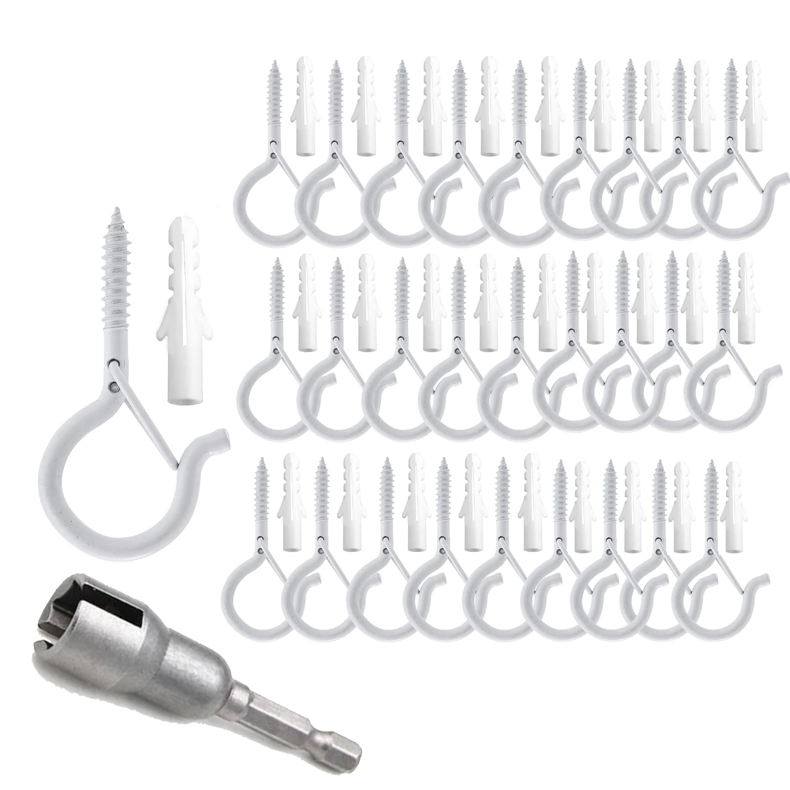 TAIHUIMY Screw Hooks Q-Hanger Hooks for Outdoor String Lights, Christmas Rope Lights Clips, Wall Cabinet Ceiling Eye Hook with Safety Buckle for Wire Party Light Plants Wind Chimes (White, 30PCS)