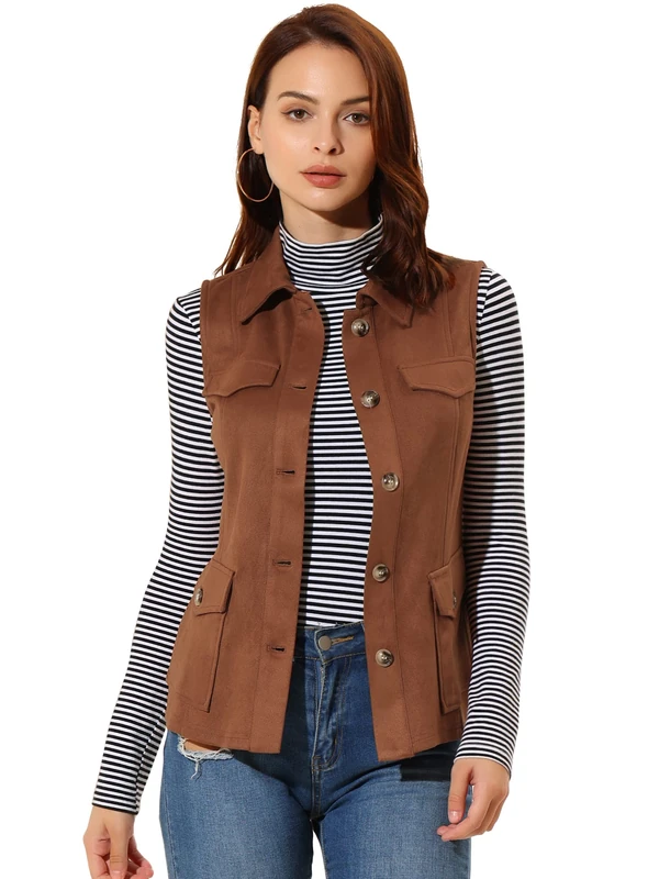 Allegra K Women's Faux Suede Vest Utility Buttoned Sleeveless Jacket with Cargo Pocket, Brown, S