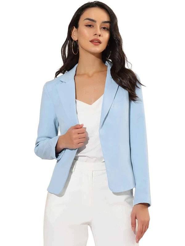 Allegra K Women's Open Front Office Work Business Crop Suit Blazer Jacket, Sky Blue-Solid, L