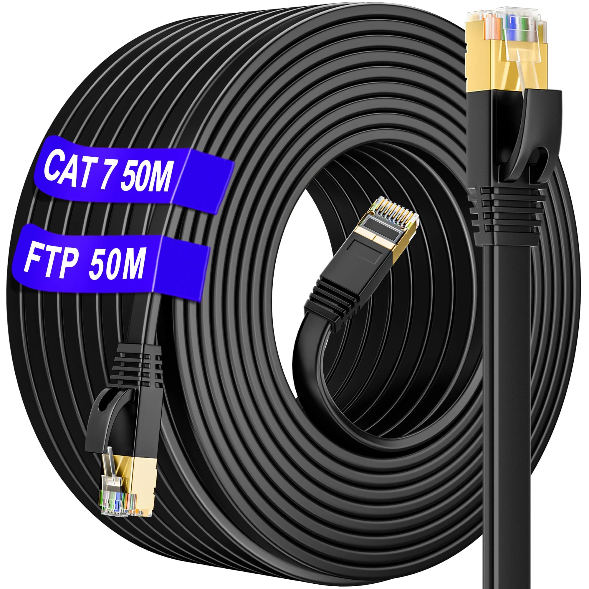 Outdoor Ethernet Cable 50m Cat 7, Long Ethernet Internet Cable 50m Indoor Waterproof Anti-Interference Cat7 High Speed Lan Network Cable 50 meter Flat - Pure Copper, SSTP with 50 Free Clips - Black