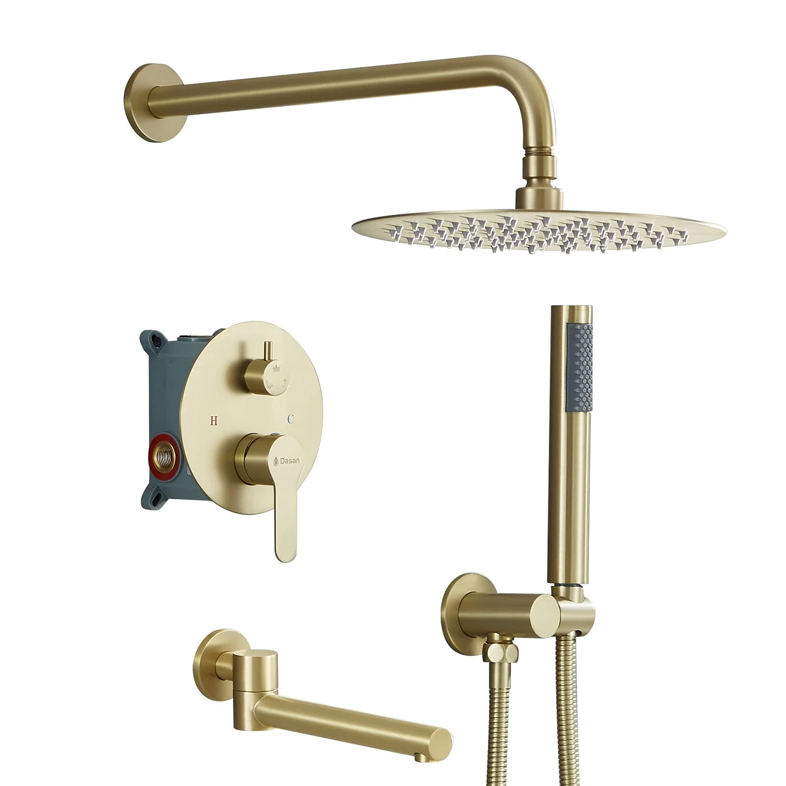 DASAN Tub Shower Faucets Sets Complete Brushed Gold Rain Shower System with Tub Spout, Tub and Shower Combo Trim Kit with Valve, 10'' Rainfall Shower Head and Handheld Sprayer