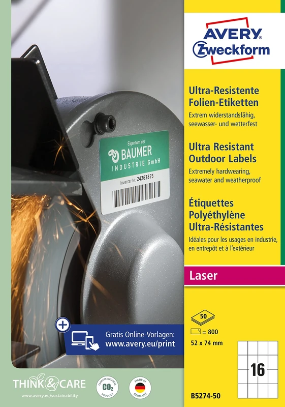 AVERY Zweckform B5274-50 Heavy Duty Film Labels (800 Stickers, 52 x 74 mm on A4, Extremely Strong Self-Adhesive, for Difficult Surfaces, Printable Outdoor Adhesive Film), 50 Sheets, White