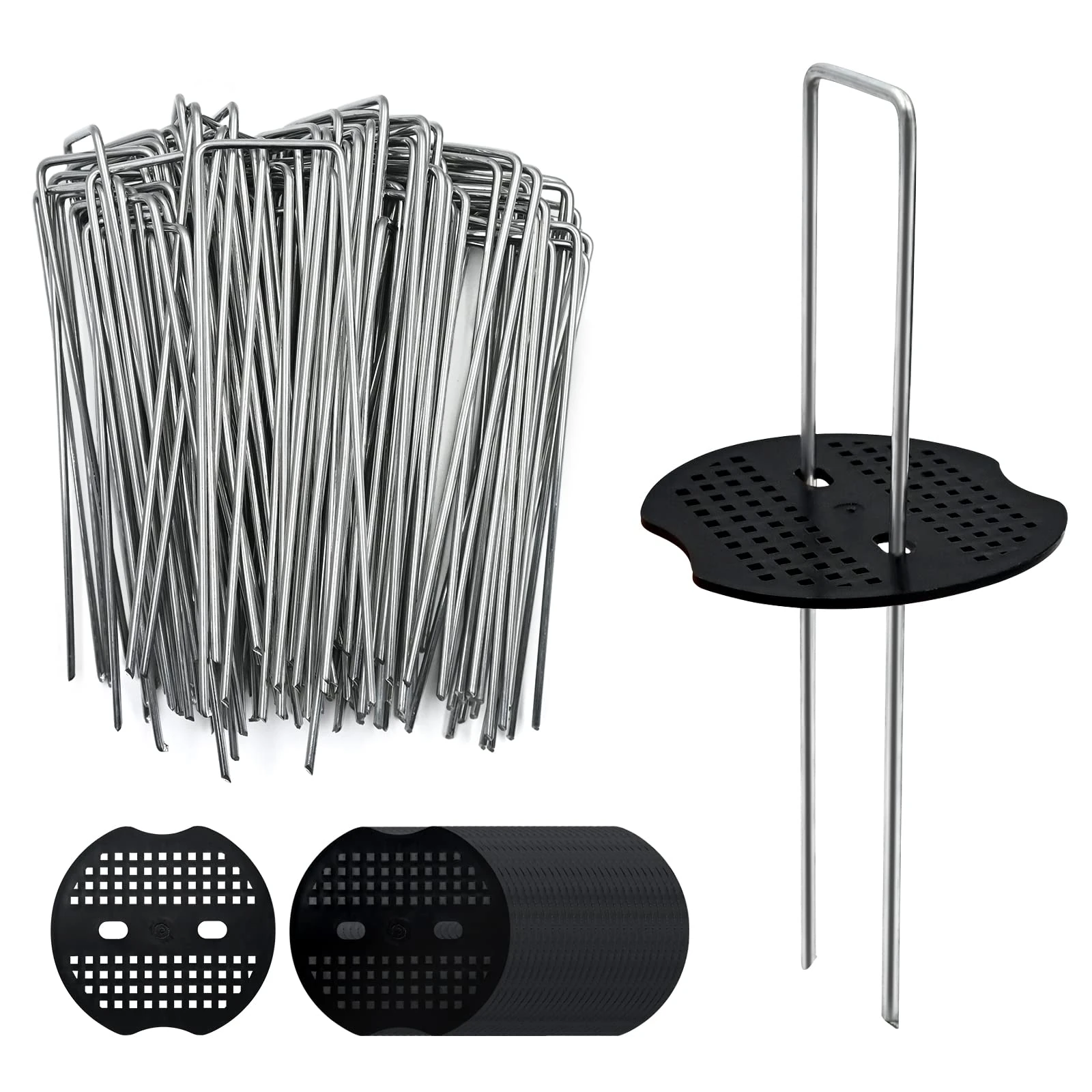 Pack of 100 Anti-Rust Galvanised Ground Anchor with 100 Buffer Discs for Weed Control Fabric, 150 mm x 40 mm Diameter 3 mm Mounting Anchor Ground Anchor for the Garden Steel Pegs Weed Control Fabric