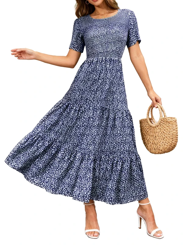 BTFBM Women Casual Short Sleeve Crew Neck Summer Dress Bohemian Floral Printed Flowy Maxi Dresses Tiered Cocktail Dress, Dark Blue, Large