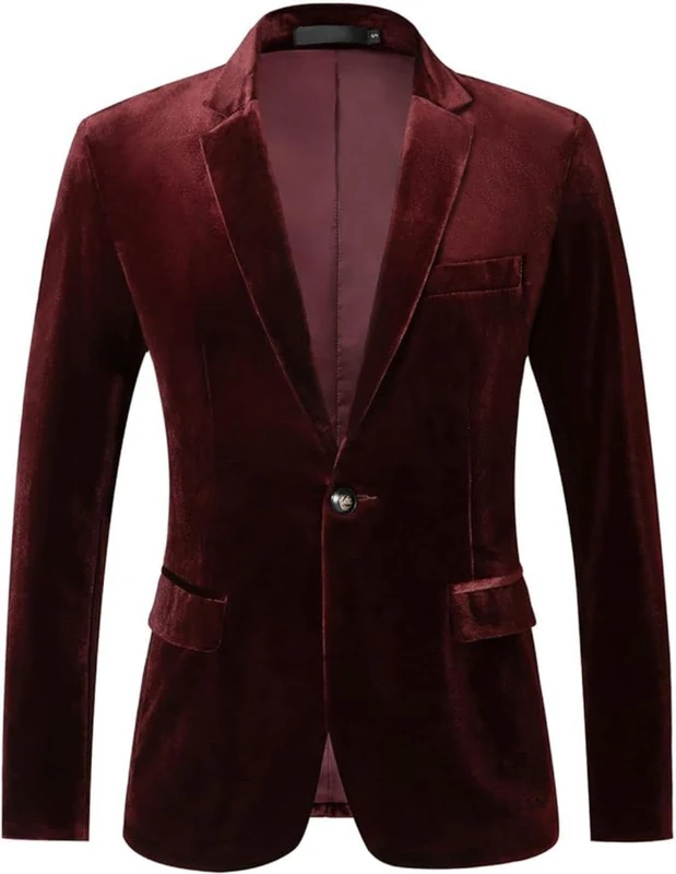 RONGKAI Mens Velvet Blazer Slim Fit Fashion Suit Jacket for Wedding Prom Dinner Party, Wine Red, L