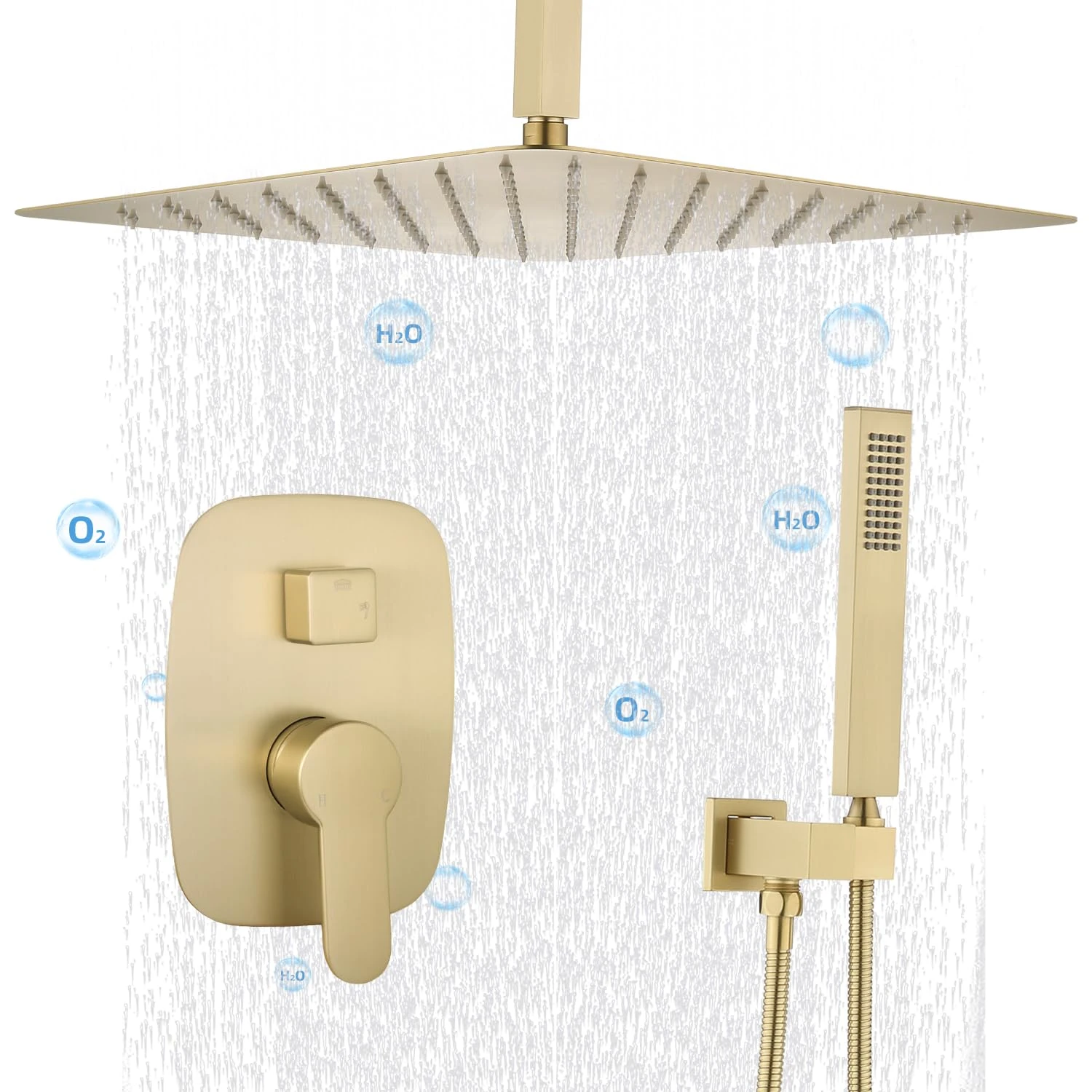 Delnet Rain Shower System Brushed Gold 16 Inch Ceiling Mounted Rainfall Shower Head System Concealed Shower Mixer Set