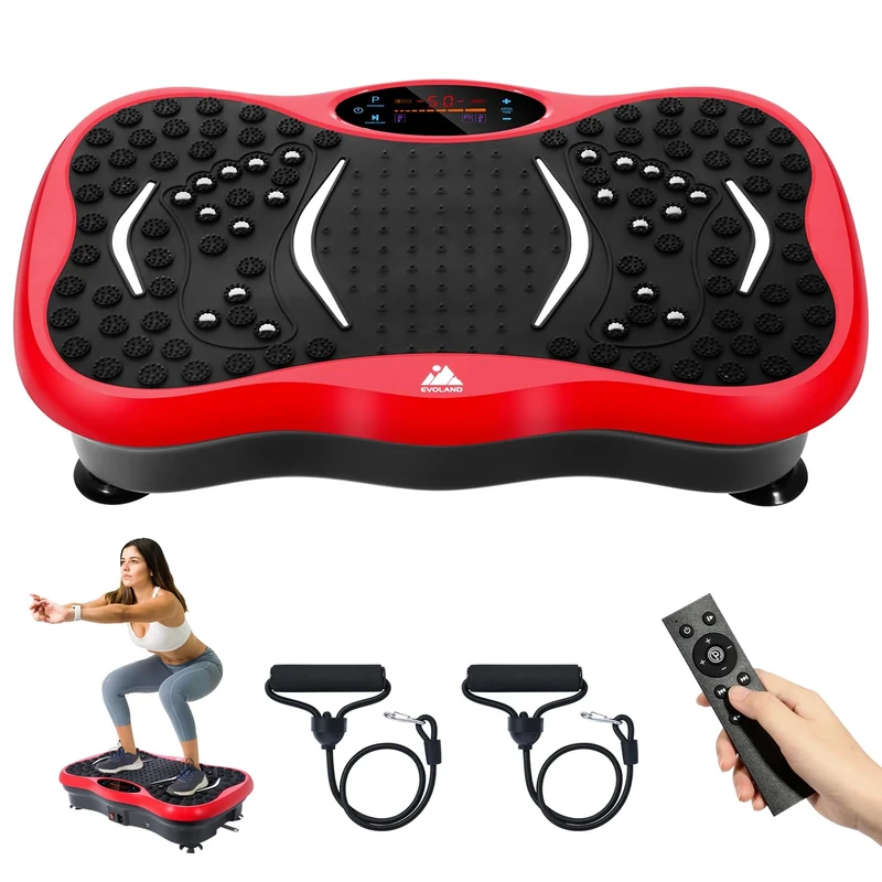 EVOLAND Vibration Plate Exercise Machine, Vibration Fitness Trainer with Bluetooth Speaker 5 Program Modes 2 Resistance Bands, Home Exercise Equipment for Fitness Body Toning-Red