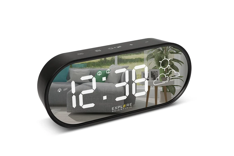Explore Scientific RDC2002 Clock with Mirror Front, Time, Indoor Temperature, Weather Forecast, Dual Alarm Clock, 3 Brightness Levels, Soft Touch Control, USB Port, Black