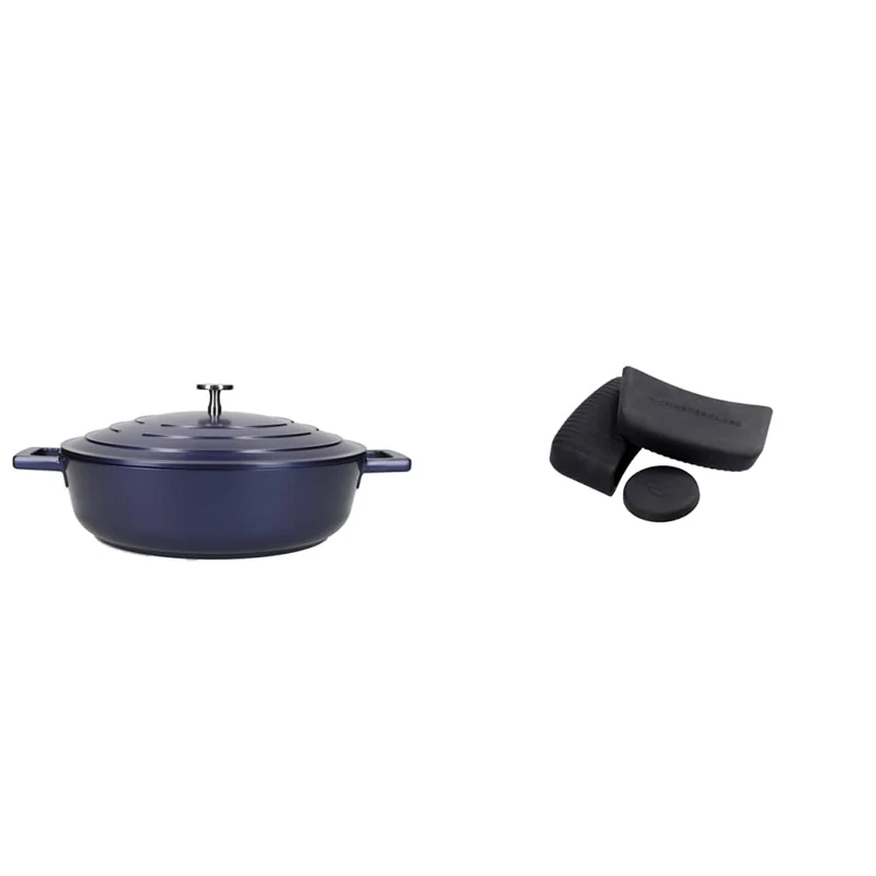 MasterClass MCMSCRD28BLU Lightweight Casserole Dish with Lid, Cast Aluminium, Metallic Blue & MCMCASS3PC Pan Handle Sleeve Set for Cast Aluminium Casserole Pots, Easy Grip Silicone, 3 Pieces