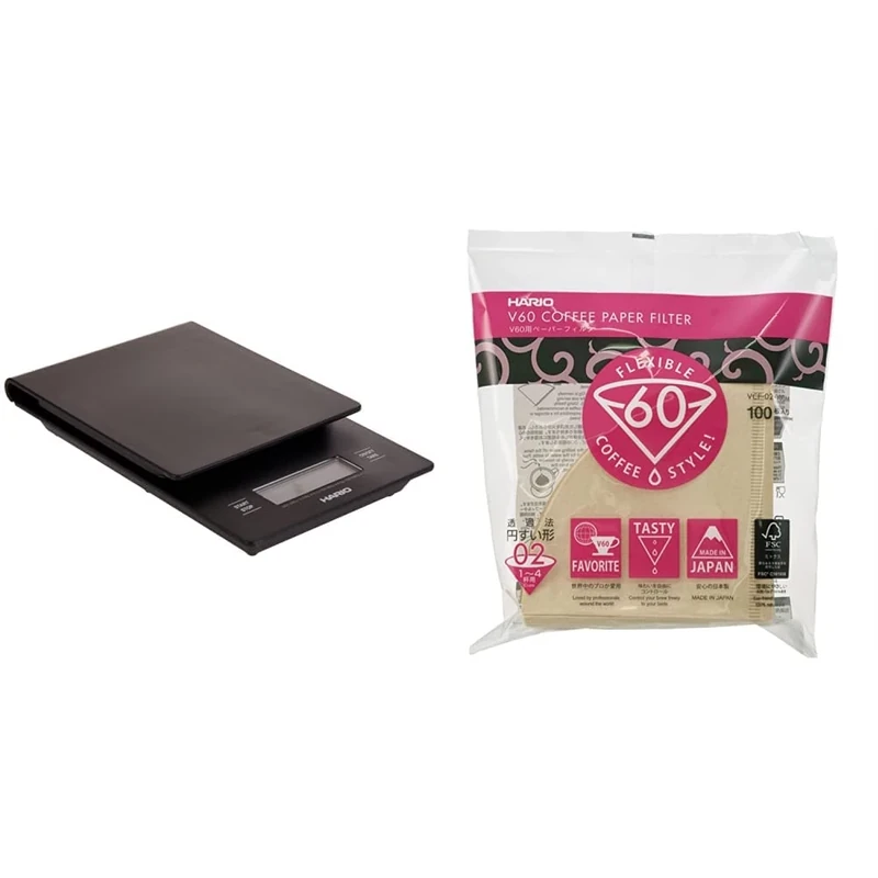 Hario VST-2000B 1-Piece Coffee Drip Scale/Timer & V60 Filter Papers - Paper Coffee Filters for V60 Dripper, Compatible with Size 02, Natural, 100 Pack