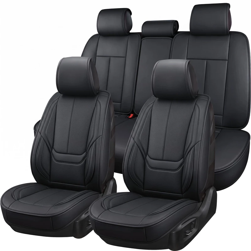 OASIS AUTO Car Seat Covers Accessories Full Set Premium Nappa Leather Cushion Protector Universal Fit for Most Cars SUV Pick-up Truck, Automotive Vehicle Auto Interior Décor (OS-006 Black)