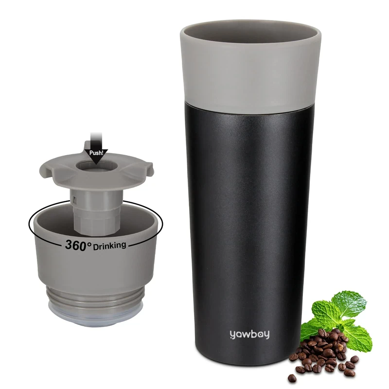 Yawbay Travel Coffee Mug with 360°Lid, Travel Coffee Tumbler 12 oz Leak Proof, Stainless Steel Insulated Travel Mugs for Hot and Cold Spill Proof Leak Proof(Grey)