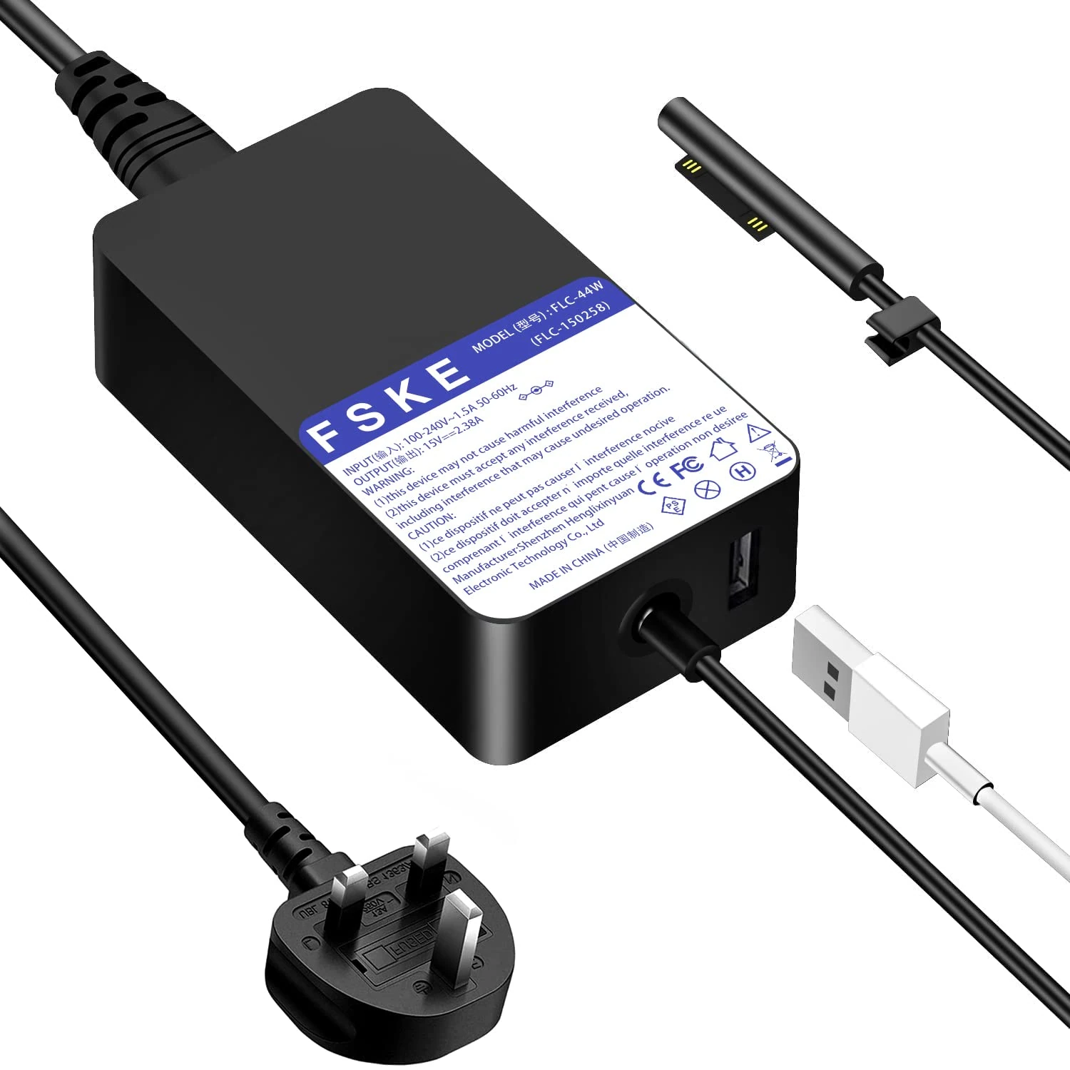 FSKE 44W Surface Pro Charger,15V 2.58A Adapter Power Supply for Microsoft Surface Laptop,Surface Book,Surface Go,Surface Pro 3 Surface Pro 4/5/6/7/8 Surface X,with 5V/1A USB Port