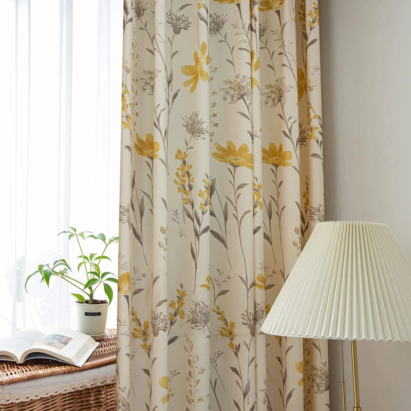 SUOUO Yellow Floral Curtains for Bedroom Light Filtering Print Grey Leaf Chenille Window Drapes for Living Room 2 Panels 96 Inch Length Sunflower