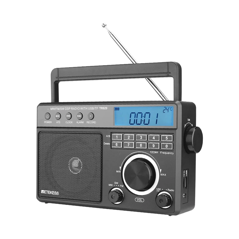 Retekess TR629 Portable AM FM SW Radio, Digital Radio with DSP, Digital Tuning and Preset Stations, Supports USB/SD Card, with Clock and Alarm, AC Power or Battery（Black）