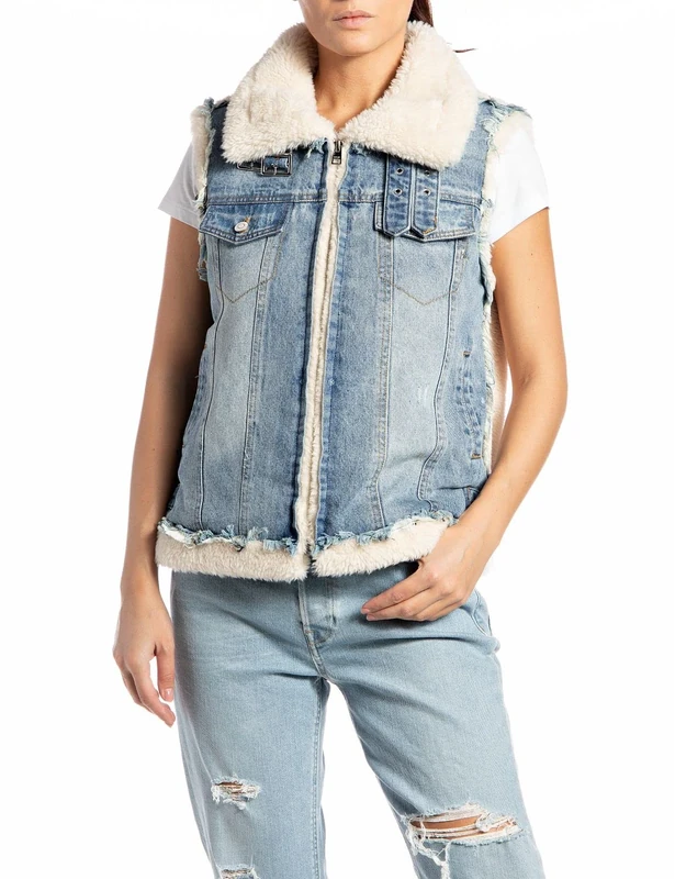REPLAY Women's W7746 Denim Vest, 010 Natural White/mid Blue, XS