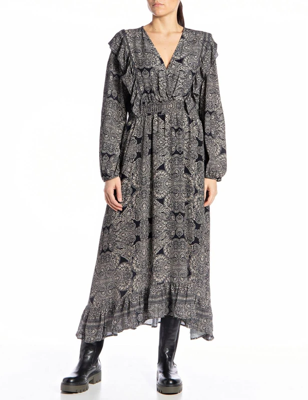 REPLAY Women's W9785 Dress, 010 Black/Sand, XXS