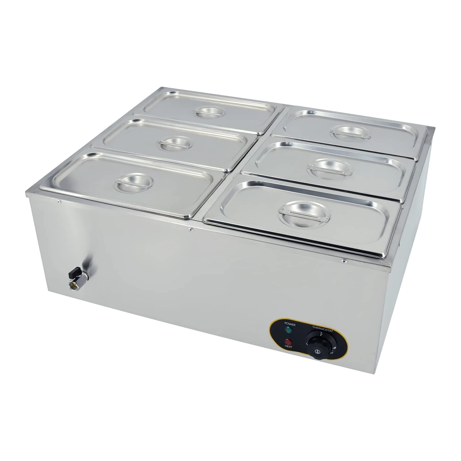 MOOTACO Commercial Food Warmer,Stainless Steel Bain Marie Buffet Warmer 1500W,Temperature Range 30-85 °C,GN 1/3 x6 Pans with Lids,Drain Tap