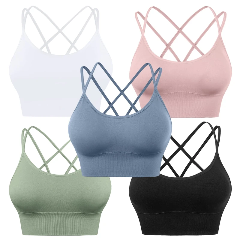 Evercute Cross Back Sport Bras Padded Strappy Criss Cross Cropped Bras for Yoga Workout Fitness Low Impact, ⑥Black White Blue Green Pink 5 Pack, Medium