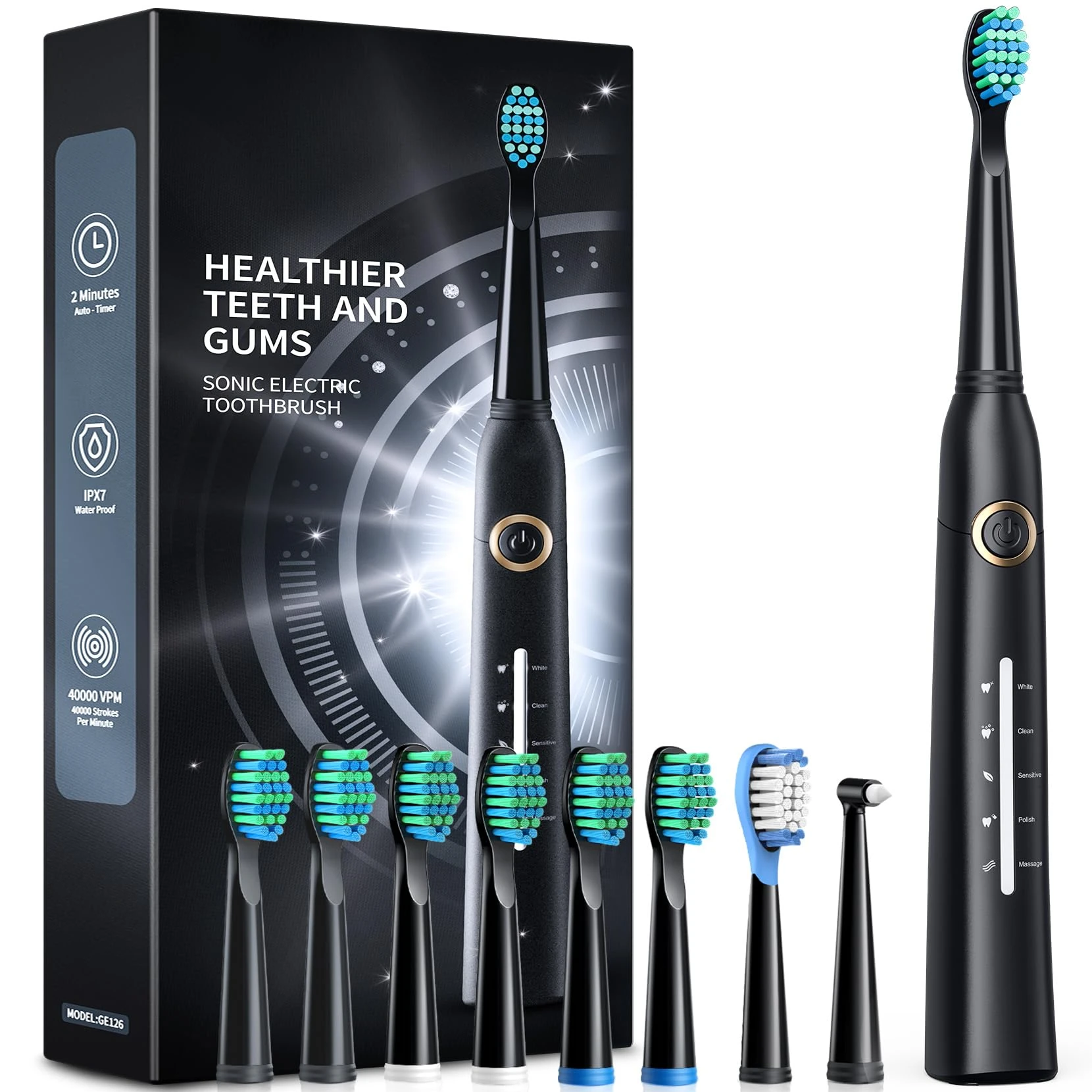 Electric Toothbrush, Sonic Toothbrushes with 8 Brush Heads 40000 VPM 5 Modes, Sonic Toothbrushes Fast Charge 4 Hours Last 30 Days, Rechargeable Electric Toothbrush for Adult (Black)