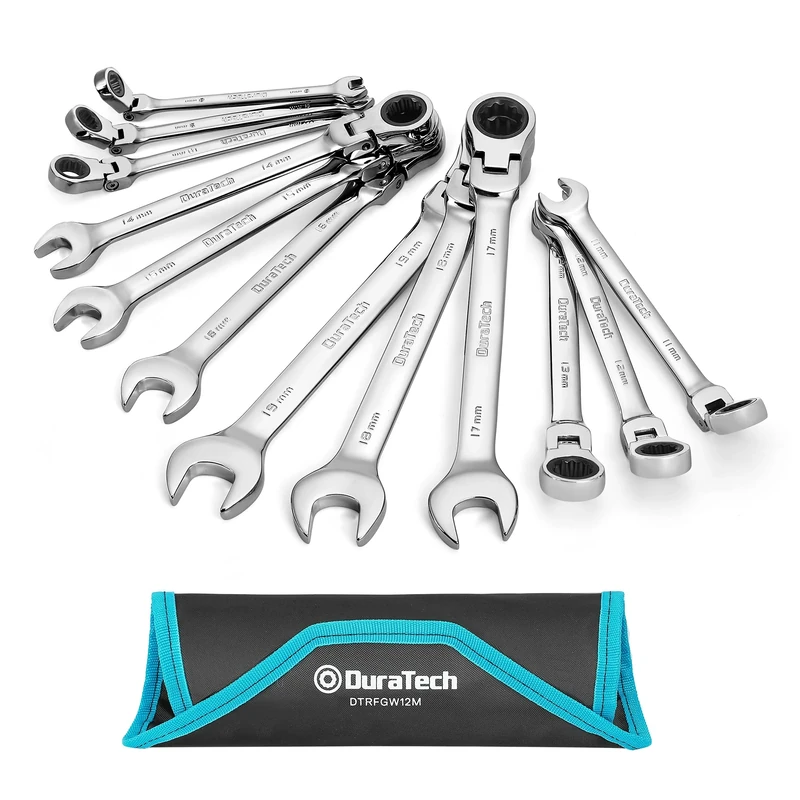 DURATECH Flex-Head Ratchet Spanner Set, 12-Piece Combination Wrench Set with 72 Tooth Ratchet Gear, Chrome Vanadium Steel, Metric, 8-19mm