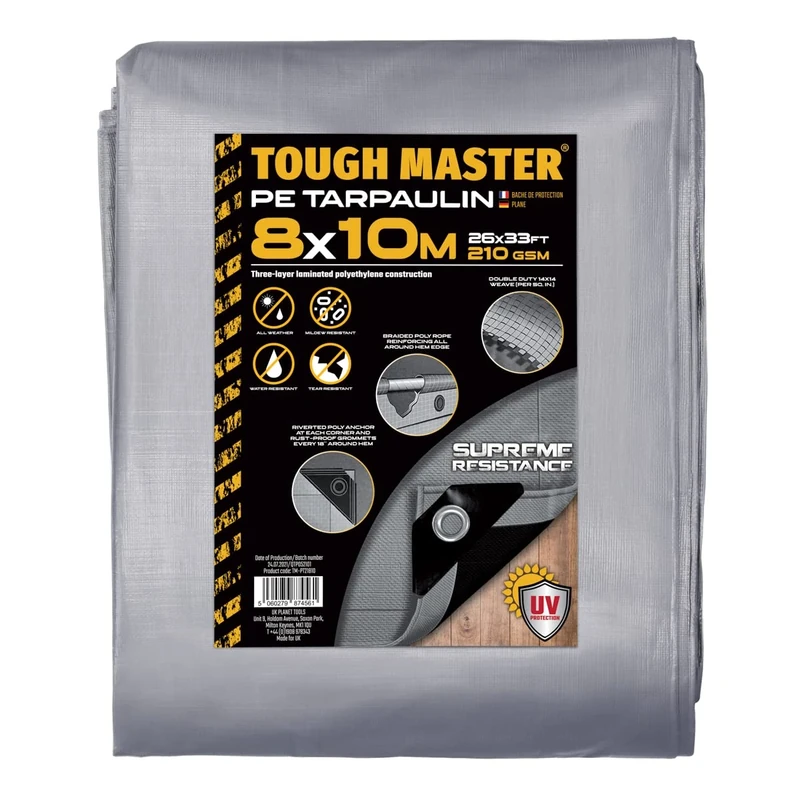 TOUGH MASTER 7 Sizes Heavy Duty Tarpaulin Waterproof Cover Tarp Ground Sheet (Grey/Black, 8 X 10M)