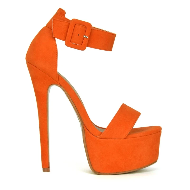 ESSEX GLAM Womens Ankle Strap Open Toe Ladies Stiletto High Heel Platform Party Shoes Size (Orange Faux Suede, numeric_6)
