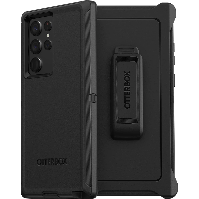OtterBox Galaxy S22 Ultra Defender Series Case - BLACK, rugged & durable, with port protection, includes holster clip kickstand