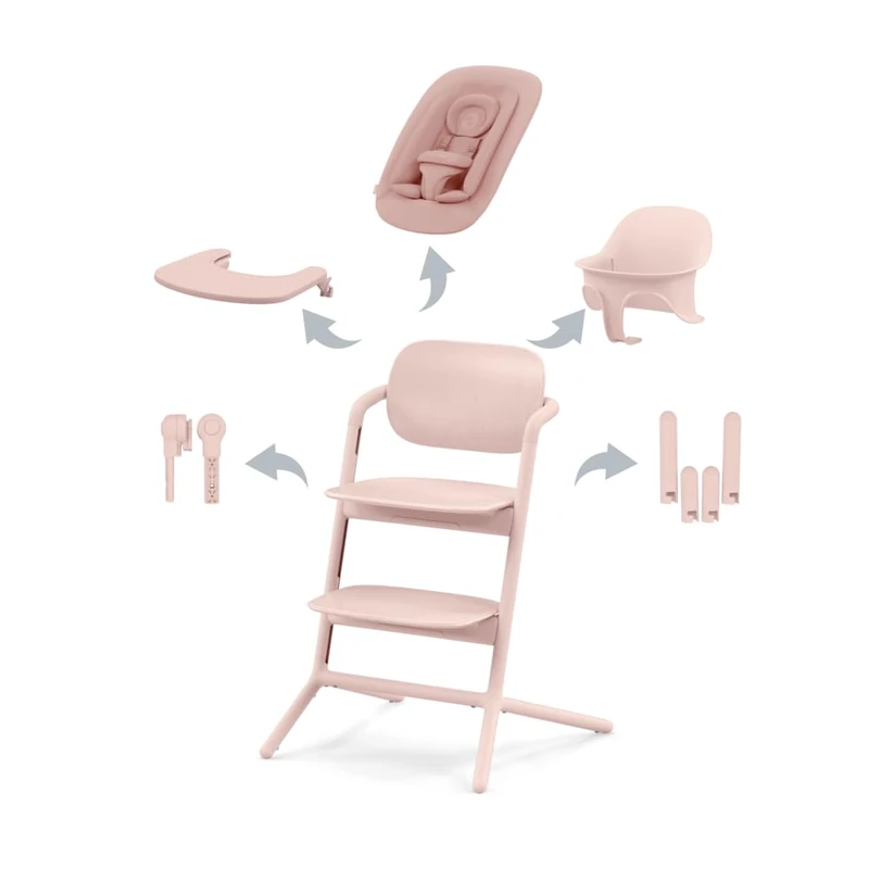CYBEX Gold LEMO High Chair 4-in-1 Set, Grows with Child, 0-99 Years, Usable from birth, incl. Bouncer Nest, Baby Set, Snack Tray, Newborn Insert, Headrest & Adapter Set, Aluminium/Plastic, Pearl Pink