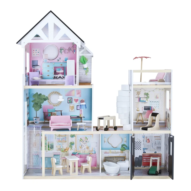 Olivia's Little World by Teamson Kids Large Dreamland Mansion Wooden Dolls House 3-Floors & 18 Accessories, Interactive Dollhouse with Lift & Garage TD-13500C