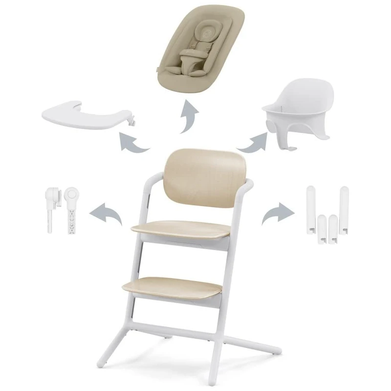CYBEX Gold LEMO High Chair 4-in-1 Set, Grows with Child, 0-99 Years, Usable from birth, incl. Bouncer Nest, Baby Set, Snack Tray, Newborn Insert, Headrest & Adapter Set, Aluminium/Plastic, Sand White
