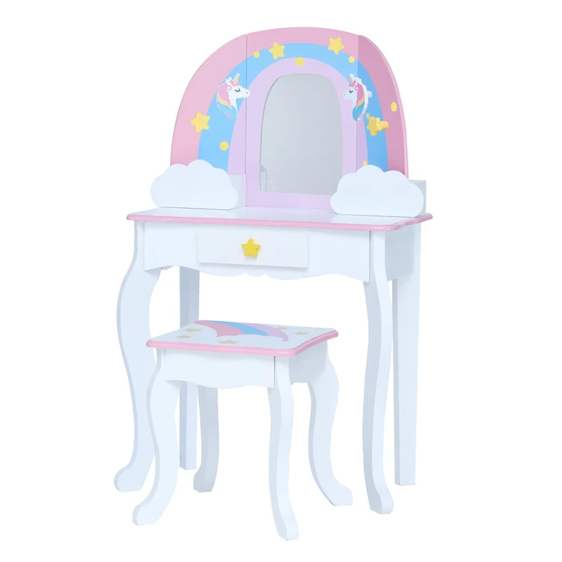 Teamson Kids Little Dreamer Rainbow Unicorn Play Vanity Set with Rainbow-Shaped Mirror Frame, Cloud-Shaped Storage Drawers, and Stool, White with Pink, Blue and Lilac Rainbow Accents
