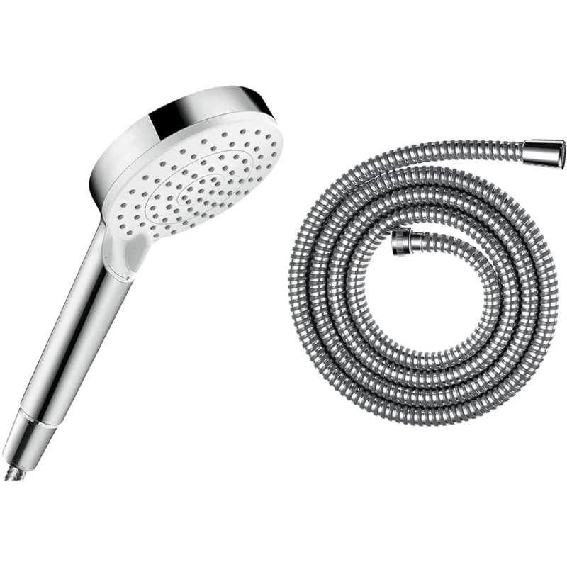 hansgrohe Metaflex Shower Hose 1.60 m, Anti-Kink and Flexible, Chrome, 28266000 & Crometta100 Vario Hand Shower, 2 Sprays, White/Chrome, 26330400