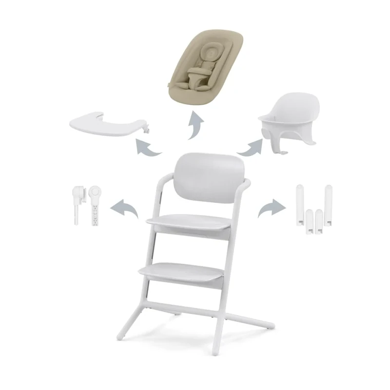 CYBEX Gold LEMO High Chair 4-in-1 Set, Grows with Child, 0-99 Years, Usable from birth, incl. Bouncer Nest, Baby Set, Snack Tray, Newborn Insert, Headrest & Adapter Set, Aluminium/Plastic, All White