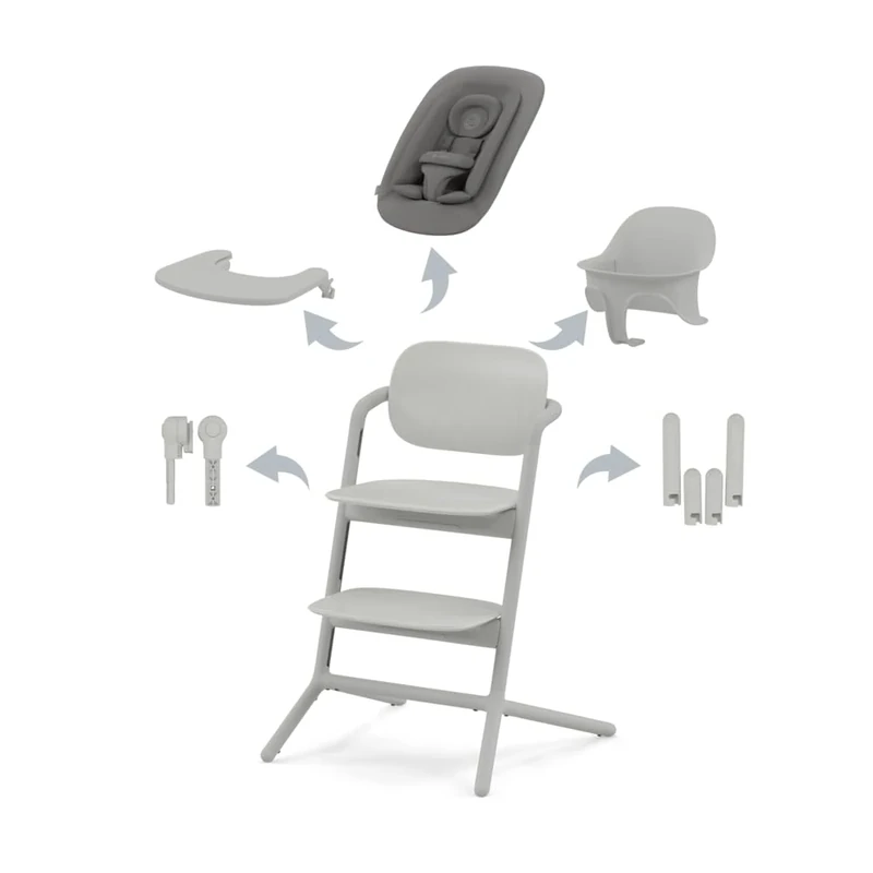 CYBEX Gold LEMO High Chair 4-in-1 Set, Grows with Child, 0-99 Years, Usable from birth, incl. Bouncer Nest, Baby Set, Snack Tray, Newborn Insert, Headrest & Adapter Set, Aluminium/Plastic, Suede Grey