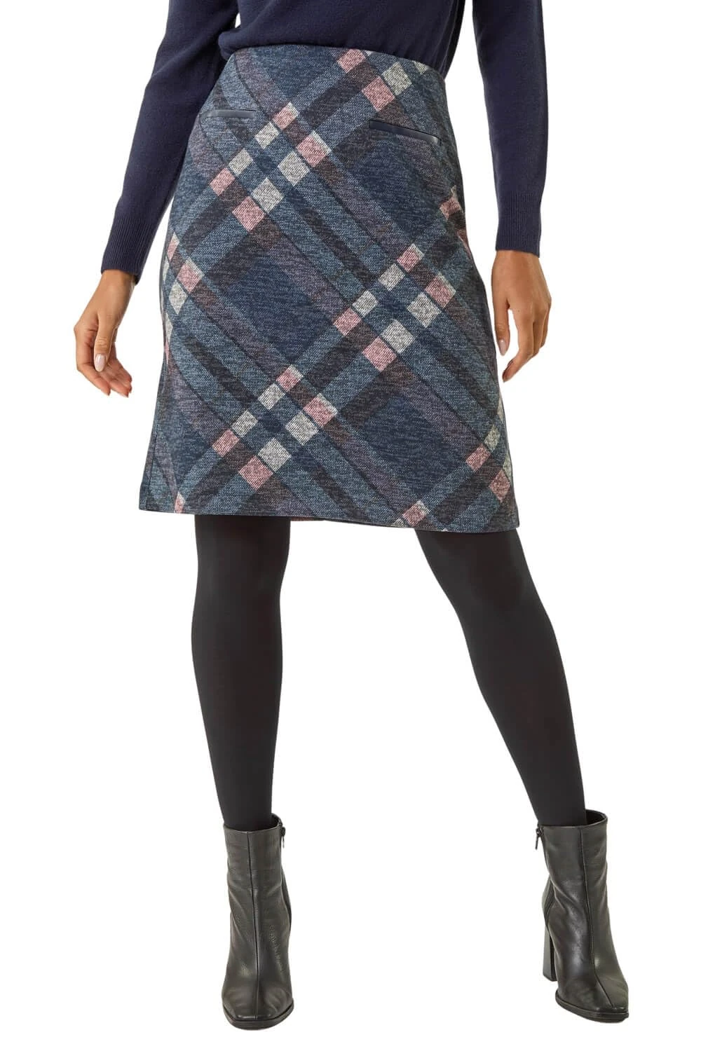 Roman Originals Short Skirt for Women UK Ladies Brushed Lined Stretch A-Line Winter Autumn Smart Casual Mini Fitted Bodycon Jersey Pull On Elasticated Waist Work Party - Navy Blue - Size 20