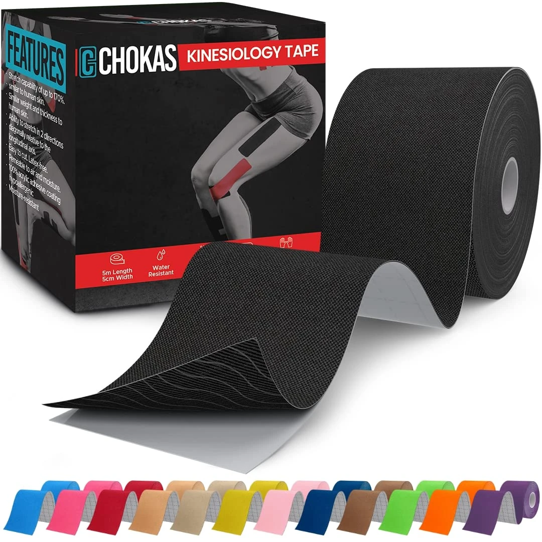 CHOKAS Kinesiology Tape 5m Roll, Elastic Therapeutic Sports Tape for Shoulder,Ankle,Elbow,Wrist,shin,Splints and Knee Support, Waterproof Physio Body Tape for Muscle Pain Relief, Boob Tape (Black)