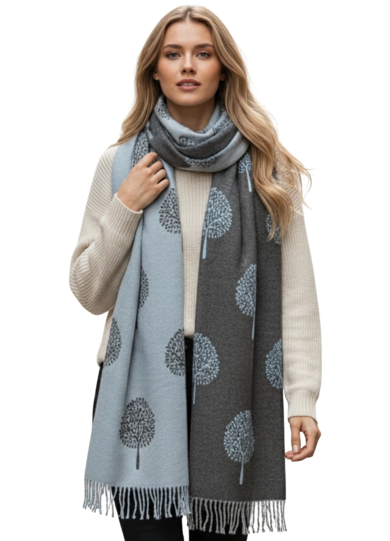 Cashmere Tree Life Blanket Scarf - Reversible, Warm Women's Pashmina Shawl, Winter Wrap, Tree of Life Print, Large Ladies Scarves, Womens Gift (Baby Blue)