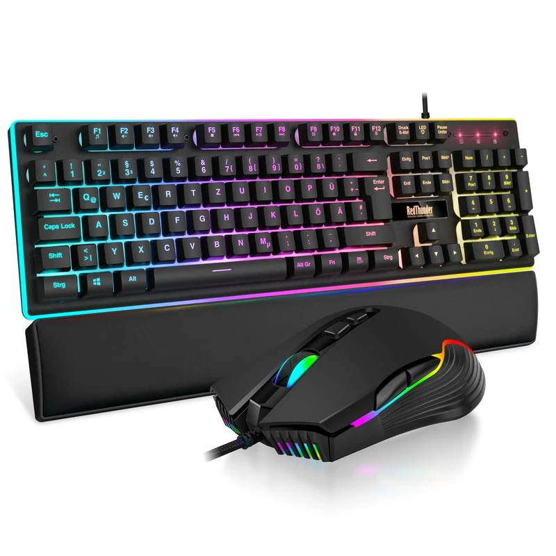 RedThunder K10 Gaming Keyboard and Mouse Set, QWERTZ DE Layout, Metal Plate and Wrist Rest, RGB Backlight and 7D with Ergonomic for PC Gamers (Black)