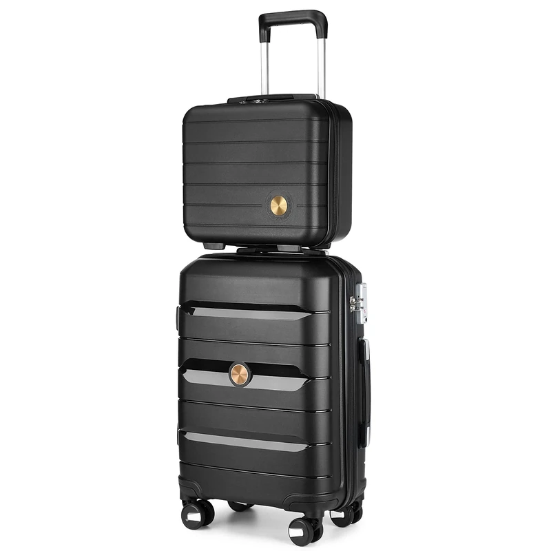 Somago 20IN Carry On Luggage and 14IN Mini Cosmetic Cases Travel Set Hardside Luggage with Spinner Wheels Lightweight Polypropylene Suitcase with TSA Lock, Classic Black, 2-Piece Set (14/20)