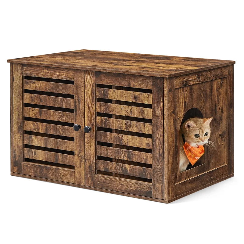 Feandrea Cat Litter Box Enclosure, Litter Box Furniture Hidden with Removable Divider, 2 Shutter Doors, Indoor Cat House, End Table, 80 x 53 x 49 cm, Rustic Brown PCL003X01