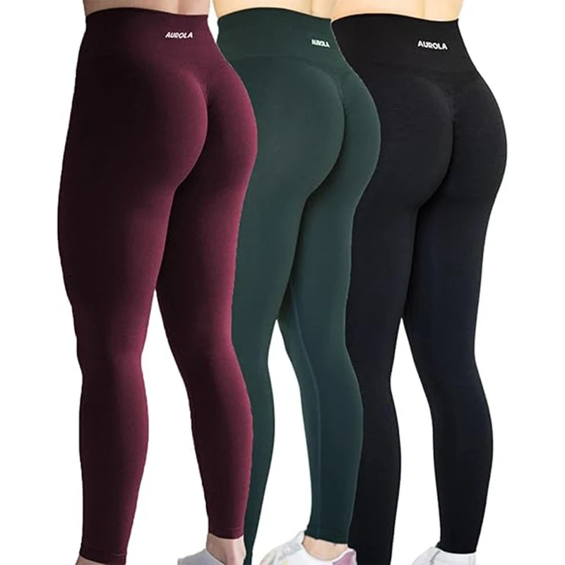 AUROLA Workout Leggings for Women Seamless Scrunch Tights Tummy Control Gym Fitness Girl Sport Active Yoga Pants, Black+Ponderosa Green+Black Cherry, S