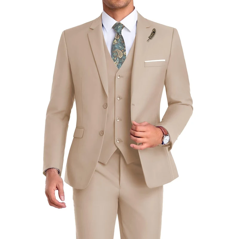 High-End Suits Men Suit 3 Pieces Slim Fit, Two Button Wedding Suit Prom Suit for Men Business Suit Jacket Vest Pant and Tie, Beige, XXL