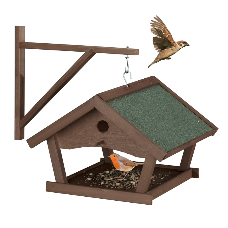 Relaxdays Wooden Birdhouse, Hanging Bird Feeding Table, HxWxD: 35x42.5x40.5 cm, Feeder For Wild Birds, Dark Brown